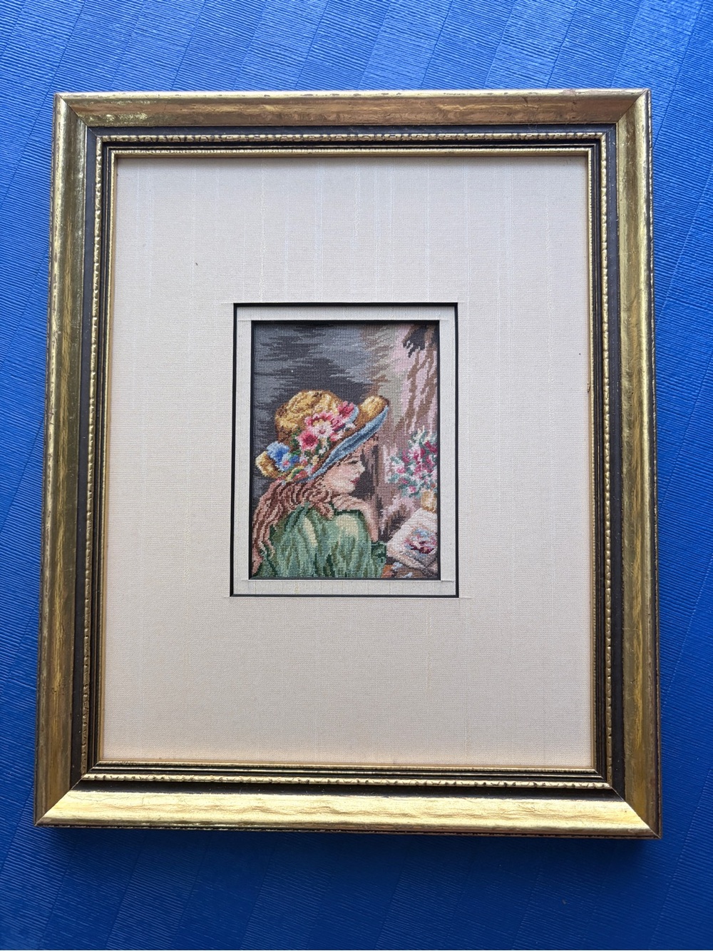 Vintage Wiehler Gobelin Needlepoint Framed Art Little Girl